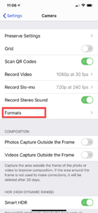 iPhone Settings Camera Formats